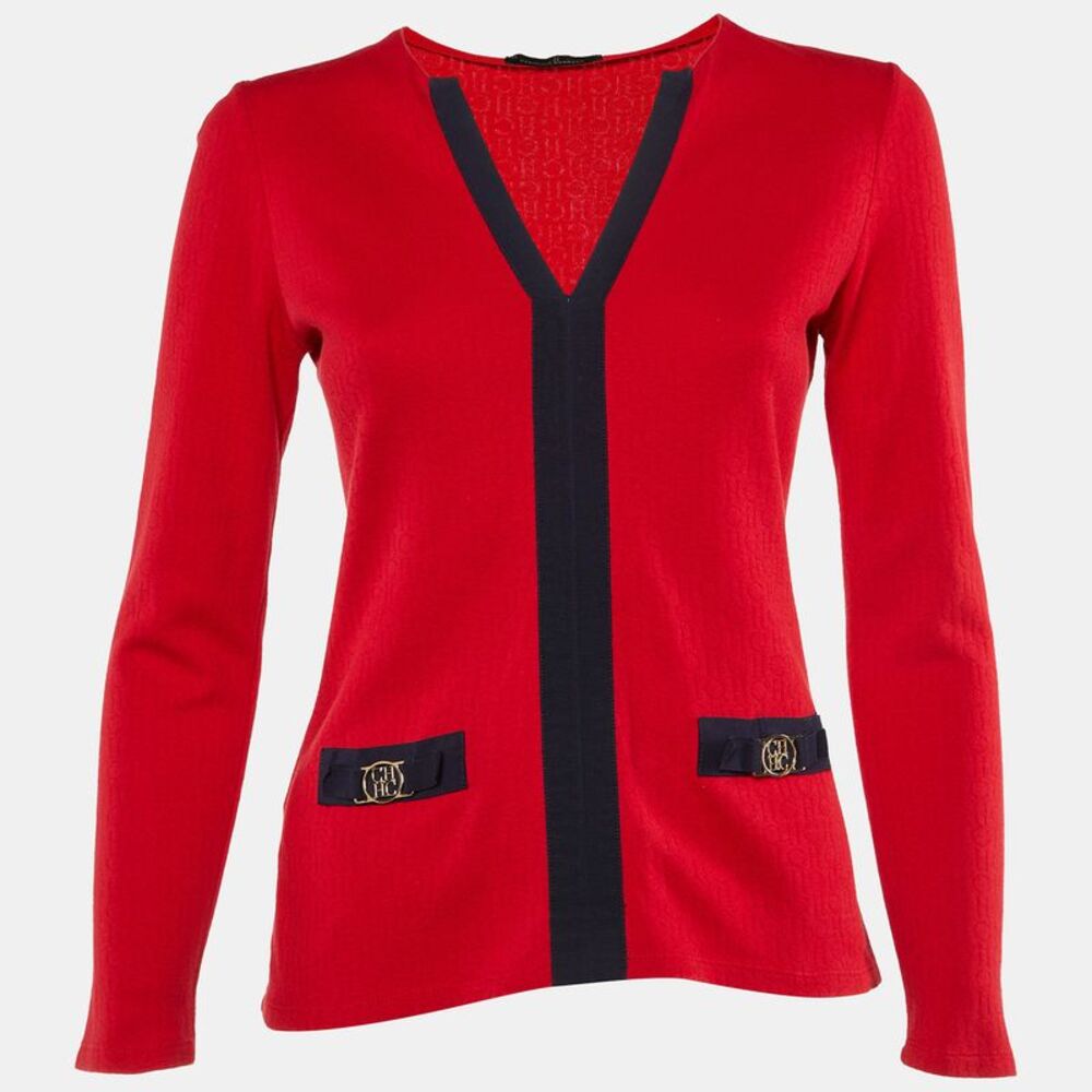 Ch Carolina Herrera Red Ch Pattern Cotton V-Neck Top Xs